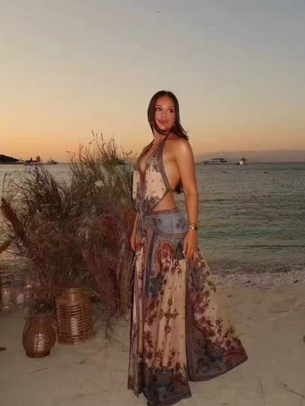 Zimmermann Floral Halter Maxi Dress Blue Beige Cutout Back Boho Size 0